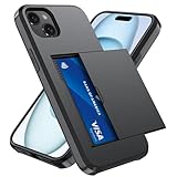 Qinmay Compatible with iPhone 15 Case with Card Holder, Dual Layer Shockproof,Heavy Duty Protective Hidden Slot Slim Wallet Phone Cover，Black