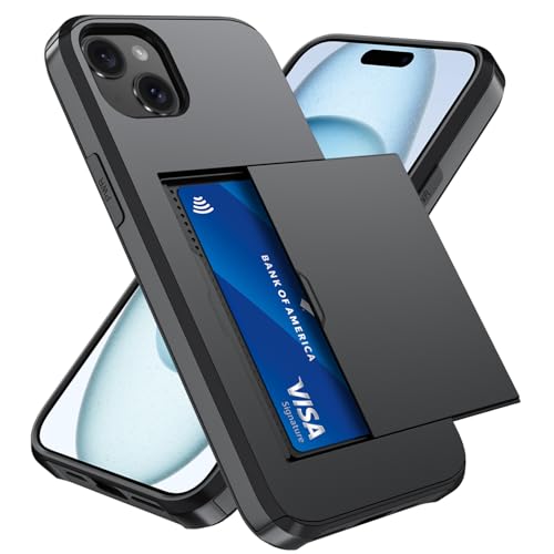 Qinmay Compatible with iPhone 15 Plus Case with Card Holder Dual Layer Shockproof Heavy Duty Protective Hidden Slot Slim Wallet Phone CoverBlack