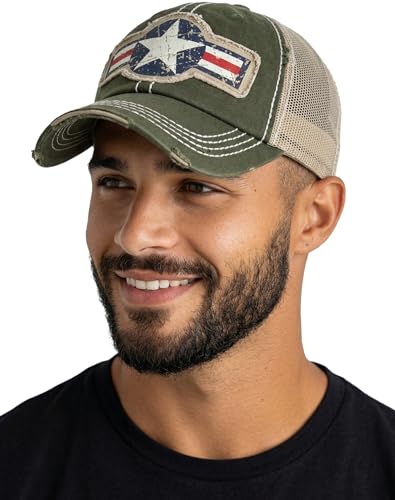 Funky Junque Mens Baseball Cap Low Profile Adjustable Distressed Patch Dad Hat, Air Force Star - Olive, One size