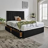 Divan Bed Superstore Cama diván de felpa de lujo + colchón de muelles de memoria + cabecero de 24 pulgadas (negro, 4 cajones)