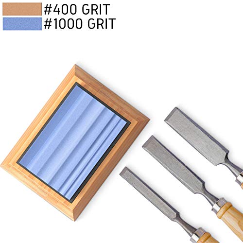 Sharp Pebble Sharpening Stones For Wood Carving Tools-Two Whetstones Grit 400 & 1000 Gouge Sharpener- Waterstone Sharpening System For Wood Carving Knives & Chisels With Non-Slip Bamboo Base #TOP7