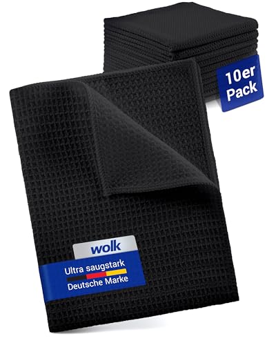 wolk Waffeltücher - Mikrofasertuch mit Waffelstruktur - 10 Stück - Größe: 38 x 38 cm - Farbe: schwarz - Lappen, Reinigungstücher, Putztücher - Bad, Küche, Gastronomie