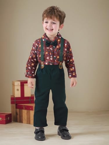 Image of Boarnseorl Baby Boys Pants Sets, Infant Long Sleeve Shirt + Pants + Bow Tie + Suspenders Outfits