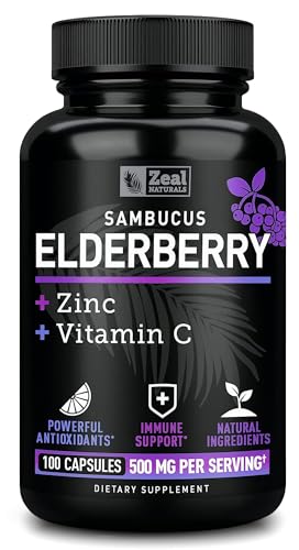 Zeal Naturals Max Strength Elderberry Capsules + Zinc + Vitamin C | 500mg for Immune System Support with Black Sambucus Elderberry | 100 Count | 3-in-1 Immune Support for Adults