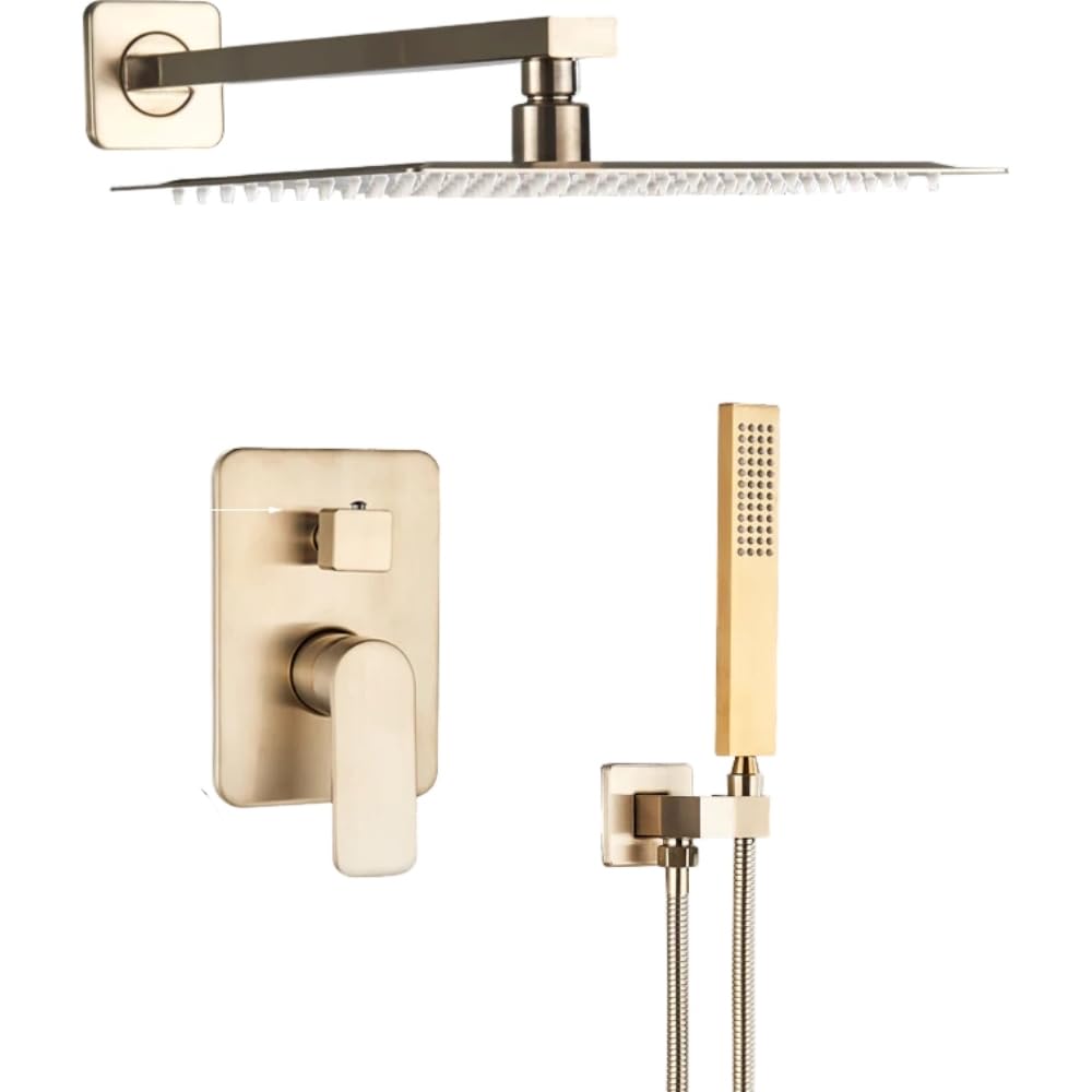 Pommeau de douche à effet pluie mural avec mitigeur or brossé et douchette