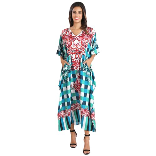 Image of Miss Lavish London Teal Check Print Kaftan Dress for Women V Neck Batwing Sleeve Maxi Beach Cover Up, Plus Size Caftan with Side Slits & Pockets, Resort Wear Swimsuit Coverup-Teal-3XL