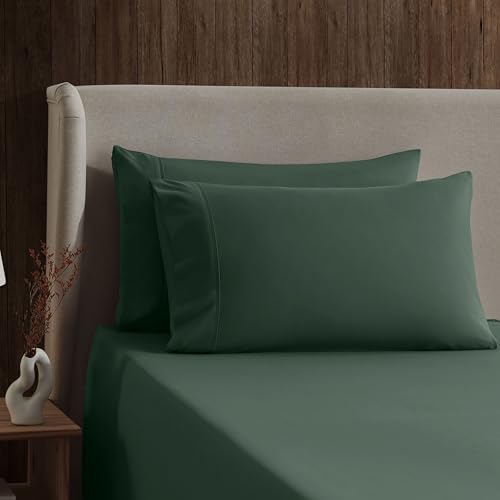 Image of Nestl Split King Bed Sheet Set - Dark Green - 5-Piece Deep Pocket | Instantly Soft, Night-One Ready (No Wash Required). Fits 16-Inch Deep Pockets, 360-Degree Elastic Grip