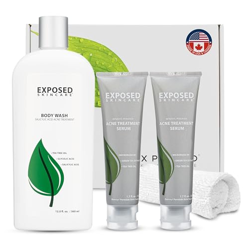 Exposed Skin Care Body Acne Kit with 3.5% Benzoyl Peroxide and 0.5% Salicylic Acid to Clear Up Teen and Adult Bacne and Body Acne Natural Non-toxic and Cruelty Free
