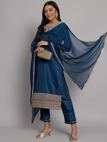 Image of VredeVogel Women's Silk Blend Embroidered Kurta with Pant & Nazneen Dupatta Set