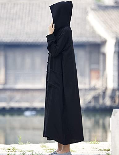 NFYM Women's Trench Coat Hooded Jacket Long Sleeve Chinese Frog Button Comfy Cotton Outwear with Pocket3