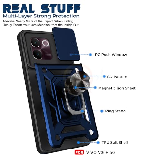 Image of Armor Bumper Back Cover Case for Vivo V30E 5G | Rotating Camera Cover, Ring Holder & Kickstand | Heavy Duty & 360 Degree Protection Vivo V30E 5G Back Cover (Blue)