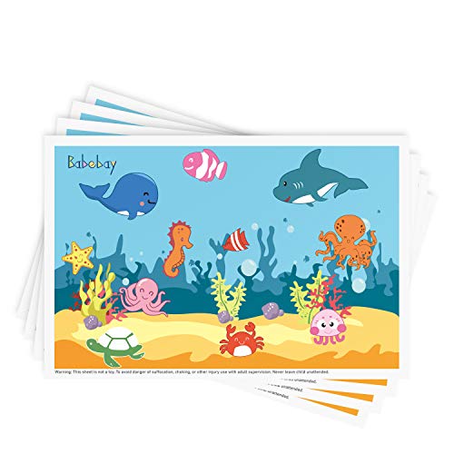 Disposable Stick-on Placemats 40 Pack for Baby & Kids Table Topper Disposable, Toddler Placemats in Reusable Pouch 12' x 18' (Blue Ocean Life)