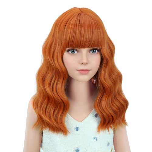 Image of PATTNIUM Kids Orange Wig Child Ginger Wig with Bangs Short Wavy Auburn Wigs for Girls Shoulder Length Heat Resistant Synthetic Wigs