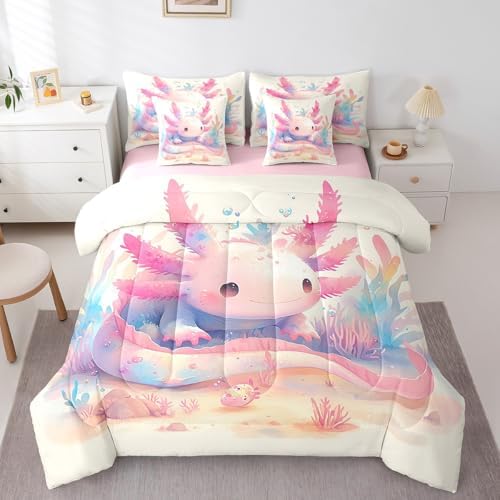 Erosebridal Cute Salamander Bed in a Bag Twin Comforter Set 7 Piece,Kawaii Cartoon Pink Salamander Bedding Sets for Kids Boys Girls Seaweed Coral Marine Life Sheet Set with Comforter