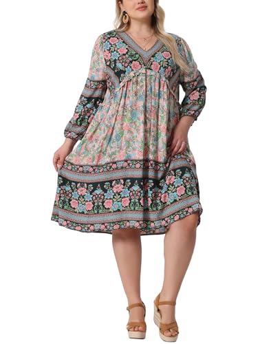 Image of Agnes Orinda Plus Size Summer Dress for Women Casual Boho Floral V Neck 3 /4 Sleeve Midi Short Beach Dress