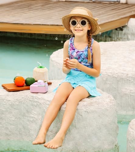 AIDEAONE Badeanzüge für Mädchen Kinder Tankini entzückende Dreiteiliges Set mit Blaue Meerjungfrau Boden Bademode 6-7 Jahre
