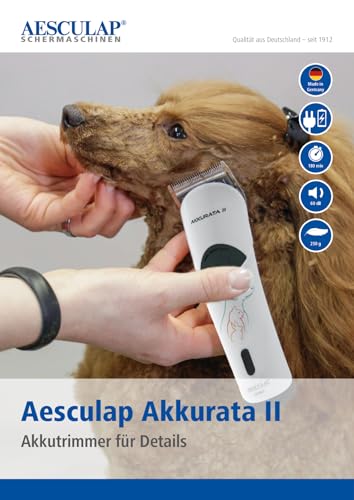 Rotschopf24 Aesculap Akkurata 2 GT407. Profi Hunde Schermaschine. Akku & Netzbetrieb, 180 Min Laufzeit, 3 Geschwindigkeiten, Präzisionsmesser, inkl. 8 Metallkämme + Tasche. Made in Germany.