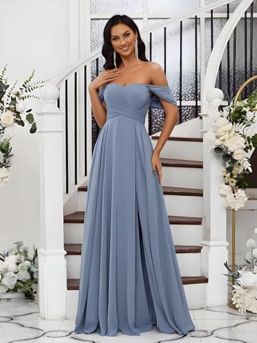 Women's Off The Shoulder Bridemaid Dresses Chiffon Formal Dress A-Line Evening Gown3