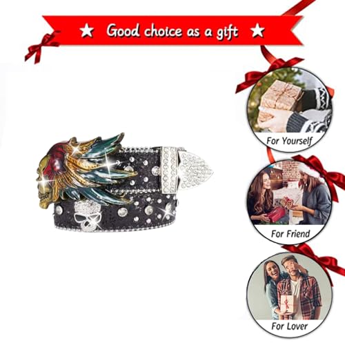 Sparkly Sequin Studded Belt with Bright Round Crystal and Skull Head Punk Rivet Strap Rhinestones Western Boucle3