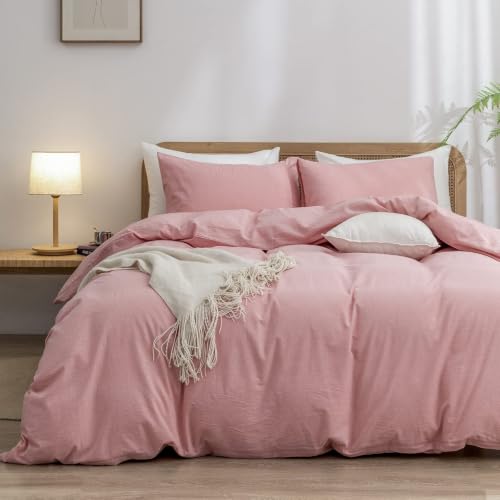 Image of BESTOUCH Cotton Solid Duvet Cover Set Linen Feel Red Pink Alaska King | 100% Washed Cotton, Soft Wrinkle Texture, Hidden Zipper, 8 Ties, Breathable Lightweight Durable Comfy, 3 Pcs No Insert