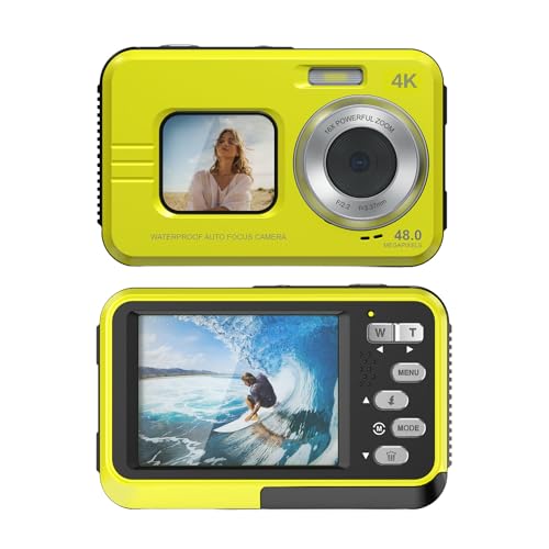 Cuifati Cámara Subacuática 4K, Cámara Digital a Prueba de Agua con Pantalla Dual de Enfoque Automático de 48MP, de Acción a Prueba de Agua de 11.5 Pies con Tarjeta de 32GB para (Yellow)