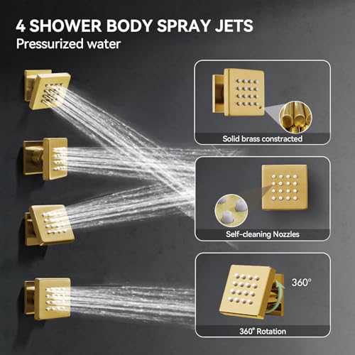 Brushed Gold Shower System with Body Jets, Bostingner 4 Way Shower Faucet Set with 2 in1 Handheld,Ceiling Mount 10 Inch Shower Head with 6 Inch Shower Head,4Pcs Body Jets With Dual Head Shower Set