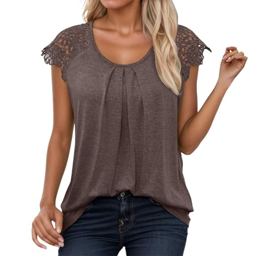 Womens Lace Tops Pleated Short Sleeve Shirts Summer Business Casual Dressy Blouses Tunic (Grey, XL)
