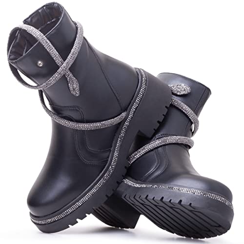 Bota Feminina Cano Curto Leve Macia Confortável Na Cor Preto Com Detalhe Cobra Strass Elegante Gener