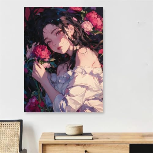 Peinture numéro adulte fille et fleur grand format 70x100cm avec accessoires