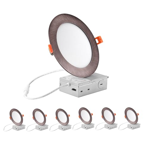 Image of ZYC recessed Lighting 6 inch - 12W 1100LM High Brightness,5CCT 2700K /3000K /3500K /4000K /5000K Selectable,Ultra-Thin LED Recessed Ceiling Light,Dimmable Canless Wafer Downlight,Pack of 6 Bronze.