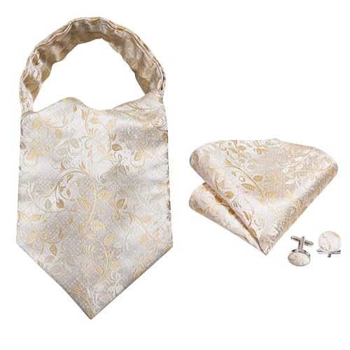 Image of Barry.Wang Ascot Ties Cravat Tie Men Paisley Plaid Scarf Self Tie Pocket Square Cufflinks Set Wedding Party