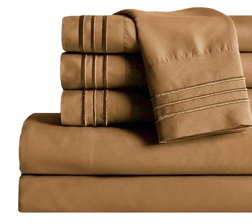 Image of Mocassi Cali King Sheet Set - Luxury Hotel 1800 Premier Bedding Sheets & Pillowcases - Ultra Soft Breathable & Cooling Bed Sheet Set - Wrinkle Resistant - 4 Piece - California King, Light Brown
