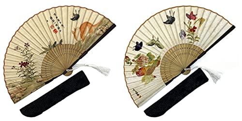 Eastern Wind 2 Stück Fächer Handfächer mit Geschenktasche Bambus Fächer Schmetterling und Katze