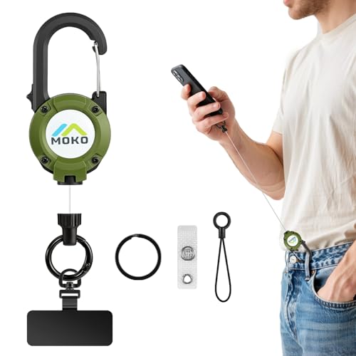 MoKo Anti-theft Phone Tether Lanyard Retractable & Lockable Steel Line Anti-Drop Phone Strap with Metal 360 Tether Tab Keychain for Outdoor Hiking Climbing Fishing Sking Cycling Green