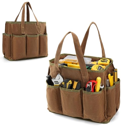 13in Tool Bag, Heavy Duty 19oz Waxed Canvas Bag 11-Pocket Portable Tool Bag Organizer Storage Toolbox for Gardener Welders Electrician Working Mechanic tool bags for men