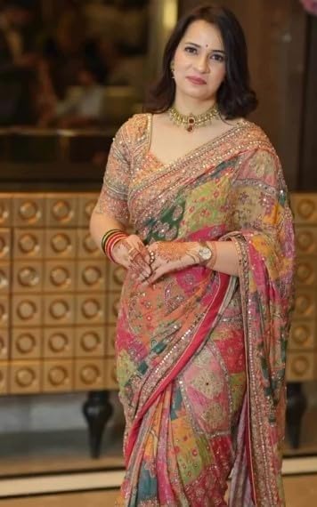 Image of Women's Chinon Silk Saree with Printed Design, Mirror Work & Zari Woven Detailing | Ethnic Wear Saree with Unstitched Blouse Piece | Traditional Festive & WeddingWear
