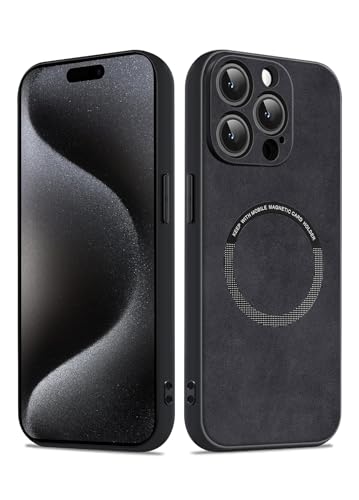 Coque iPhone 15 Pro Max en daim et TPU premium noir mat avec anneau magnétique intégré