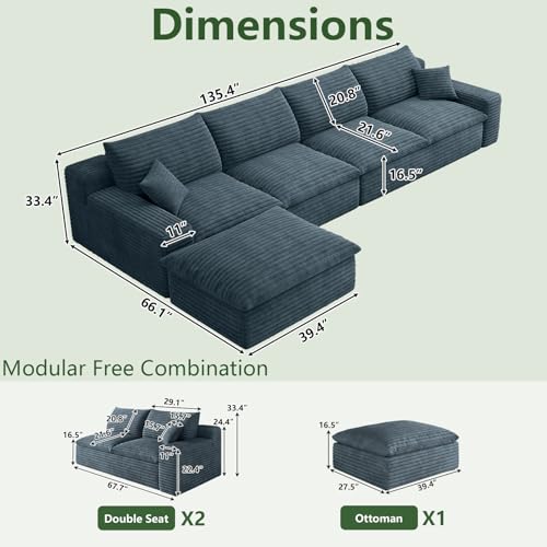 Image of 136 inch Cloud Couch Modular Sectional Sofa for Living Room, L-Shape Boneless Couch with Deep Seat, Modern Corduroy 6-Seater with Ottoman, No Assembly Required,Blue