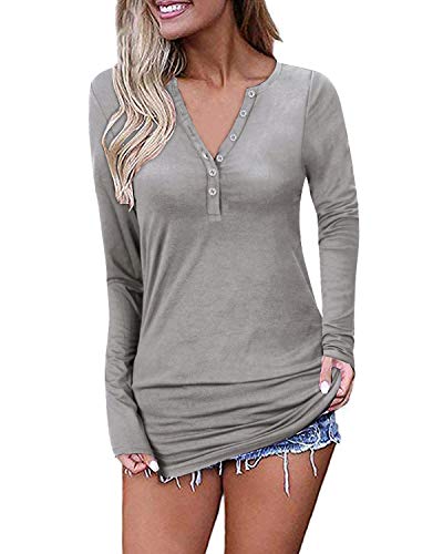 OUGES Womens Long Sleeve V-Neck Button Casual Tops Blouse T Shirt(Gray,L)