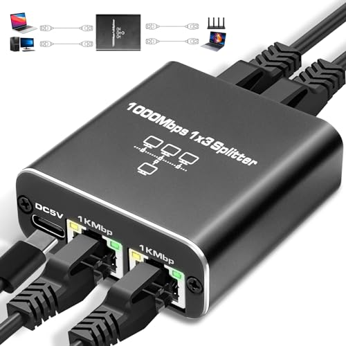 LAN Splitter 1 auf 3, 1000Mbps Ethernet Splitter High Speed [3 Geräte gleichzeitig vernetzen] RJ45 mit USB-Stromkabel, LAN Splitter für Computer, Router, Set-Top Box, Digital TV etc（ohne Kabel）