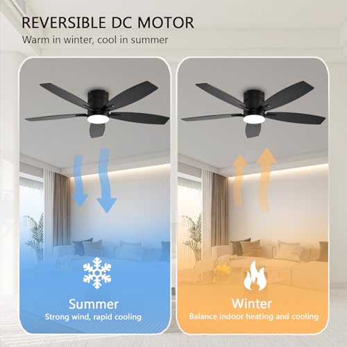Ceiling Fans with Lights, 52 Low Profile Indoor Ceiling Fan with Light and Remote Control, Dimmable, Noiseless, Reversible, Black Ceiling Fan for Bedroom, Indoor/Outdoor Use