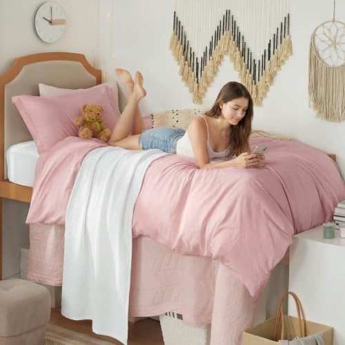 Image of Bedsure Pink Duvet Cover Twin /Twin XL Size - 2 Pieces Prewashed Cotton-Like Polyester Extra Soft Bedding Set, Includes 1 Duvet Cover 68 inchx90 inch with Zipper Closure & 1 Pillow Sham, No Comforter