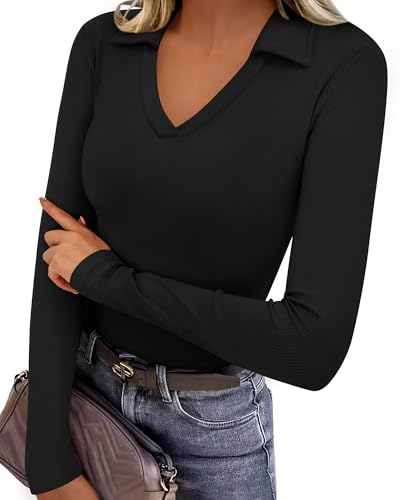 KIRUNDO Polo Shirts for Women Long Sleeve Business Casual Tops 2025 Fall Ribbed Knit Collared V Neck Slim Fit Work Blouses4