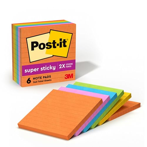 Image of Super Sticky Jewel Pop Notes 4 x 4 Lined Five Colors 6 90-Sheet Pads /Pack