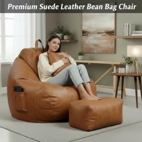 Image of KAM'S LIEU 4XL Suede Bean Bag Chair with Footrest & Cushion | Filled with High Density Polystyrene Beans | Premium Soft Fabric | Teardrop Design with Handle | Ready to Use Color- (TAN, Bean Bag)