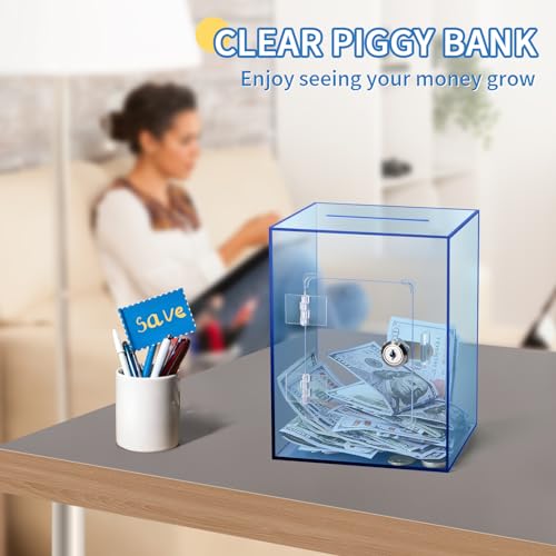 Image of Clear Piggy Bank for Adults Kids, Large Acrylic Piggy Bank Money Saving Box for Cash Saving with Key, Openable Clear Acrylic Savings Jar for Real Money (Blue)