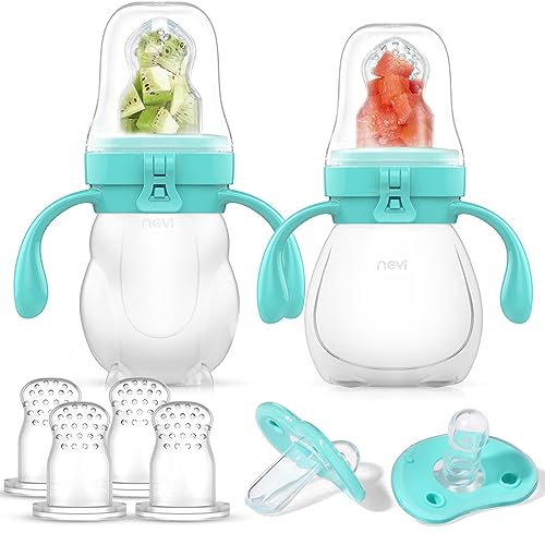 NCVI Baby Fruit Food Feeder Pacifier(5Pack)- Silicone Teething Toys in Appetite Stimulation-incloud 6 Nipple for Replacement (Bear&Rabbit)