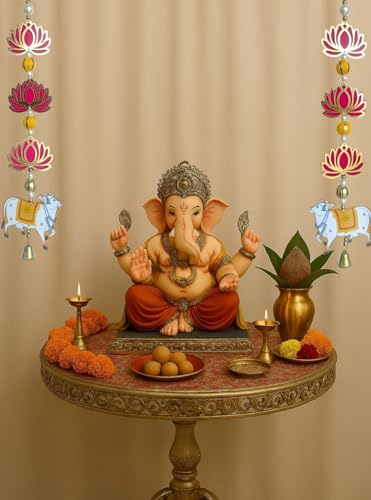 Image of Temple Decoration Item| Backdrop for Pooja Decor| Diwali Decoration Item| Hanging for Home Decoration| Wall Hanging Temple| Lotus Hanging for Home Decor| Ganpati Decor| (6, Lotus & Cow)