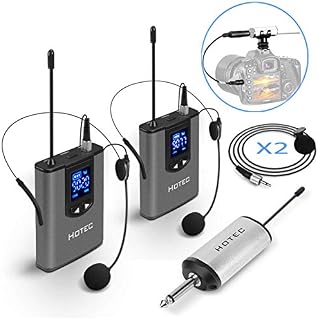 Hotec Wireless System with Dual Headset Microphones/Lavalier Lapel Mics and Bodypack Transmitters