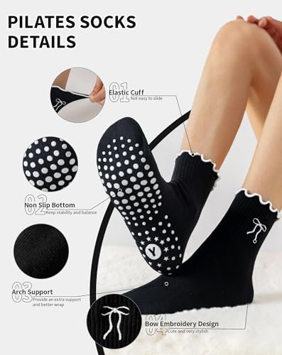 Image of Yawlsow Cute Pilates Grip Socks for Women Ruffle Frilly Yoga Socks Non Slip Cotton Crew Grippy Sock for Barre Workout